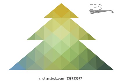 Green, yellow low poly style Christmas tree vector illustration consisting of triangles. Abstract triangular poly origami or crystal design of New Years celebration. Isolated on white background