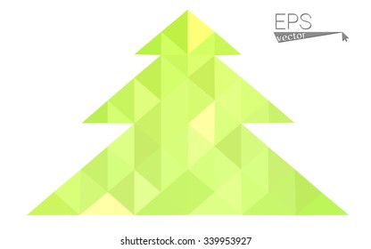 Green, yellow low poly style Christmas tree vector illustration consisting of triangles. Abstract triangular poly origami or crystal design of New Years celebration. Isolated on white background