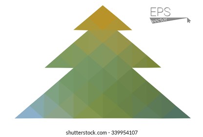 Green, yellow low poly style Christmas tree vector illustration consisting of triangles. Abstract triangular poly origami or crystal design of New Years celebration. Isolated on white background