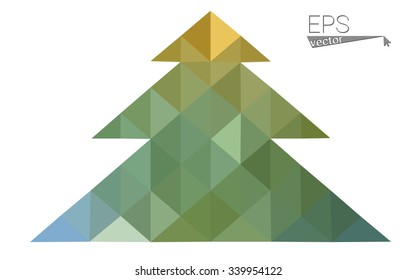 Green, yellow low poly style christmas tree vector illustration consisting of triangles. Abstract triangular poly origami or crystal design of New Years celebration. Isolated on white background