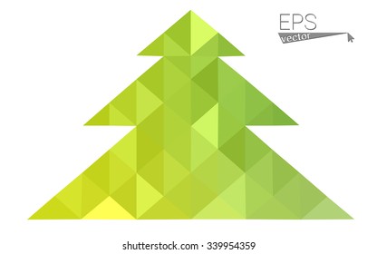 Green, yellow low poly style Christmas tree vector illustration consisting of triangles. Abstract triangular poly origami or crystal design of New Years celebration. Isolated on white background