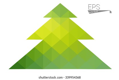 Green, yellow low poly style christmas tree vector illustration consisting of triangles. Abstract triangular poly origami or crystal design of New Years celebration. Isolated on white background