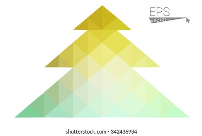 Green, yellow low poly style christmas tree vector illustration consisting of triangles. Abstract triangular poly origami or crystal design of New Years celebration. Isolated on white background