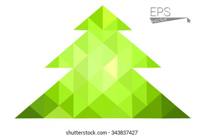 Green, yellow low poly style christmas tree vector illustration consisting of triangles. Abstract triangular poly origami or crystal design of New Years celebration. Isolated on white background