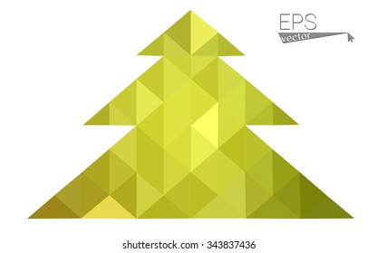 Green, yellow low poly style christmas tree vector illustration consisting of triangles. Abstract triangular poly origami or crystal design of New Years celebration. Isolated on white background