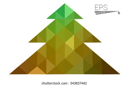 Green, yellow low poly style christmas tree vector illustration consisting of triangles. Abstract triangular poly origami or crystal design of New Years celebration. Isolated on white background