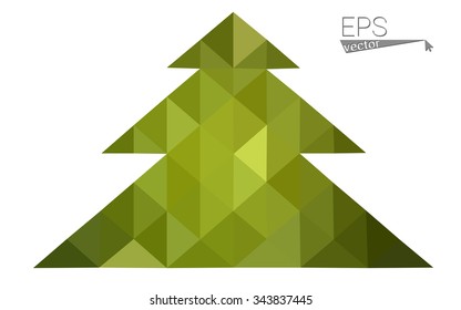 Green, yellow low poly style christmas tree vector illustration consisting of triangles. Abstract triangular poly origami or crystal design of New Years celebration. Isolated on white background