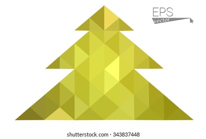 Green, yellow low poly style christmas tree vector illustration consisting of triangles. Abstract triangular poly origami or crystal design of New Years celebration. Isolated on white background