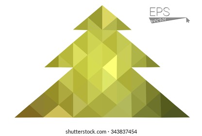 Green, yellow low poly style christmas tree vector illustration consisting of triangles. Abstract triangular poly origami or crystal design of New Years celebration. Isolated on white background