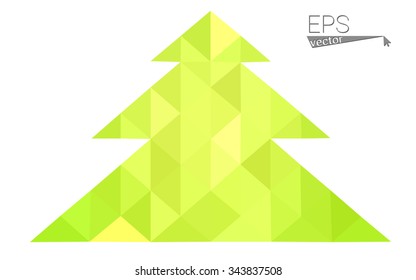 Green, yellow low poly style christmas tree vector illustration consisting of triangles. Abstract triangular poly origami or crystal design of New Years celebration. Isolated on white background