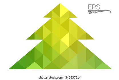 Green, yellow low poly style christmas tree vector illustration consisting of triangles. Abstract triangular poly origami or crystal design of New Years celebration. Isolated on white background