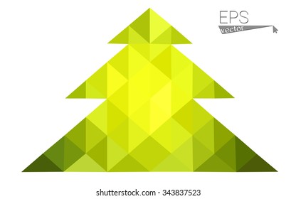 Green, yellow low poly style christmas tree vector illustration consisting of triangles. Abstract triangular poly origami or crystal design of New Years celebration. Isolated on white background