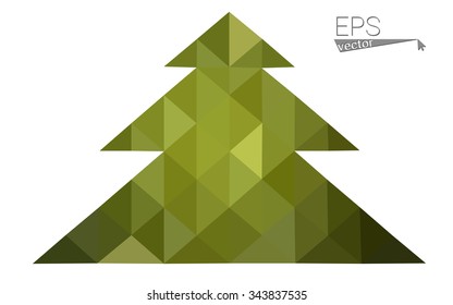 Green, yellow low poly style christmas tree vector illustration consisting of triangles. Abstract triangular poly origami or crystal design of New Years celebration. Isolated on white background
