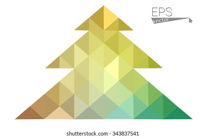 Green, yellow low poly style christmas tree vector illustration consisting of triangles. Abstract triangular poly origami or crystal design of New Years celebration. Isolated on white background