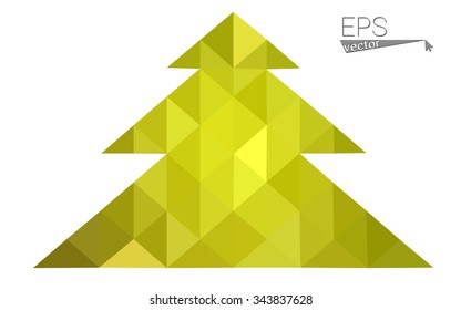 Green, yellow low poly style christmas tree vector illustration consisting of triangles. Abstract triangular poly origami or crystal design of New Years celebration. Isolated on white background
