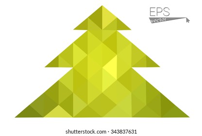 Green, yellow low poly style christmas tree vector illustration consisting of triangles. Abstract triangular poly origami or crystal design of New Years celebration. Isolated on white background