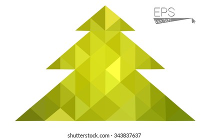 Green, yellow low poly style christmas tree vector illustration consisting of triangles. Abstract triangular poly origami or crystal design of New Years celebration. Isolated on white background