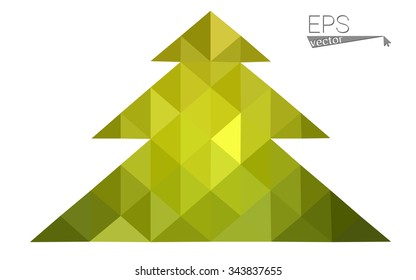 Green, yellow low poly style christmas tree vector illustration consisting of triangles. Abstract triangular poly origami or crystal design of New Years celebration. Isolated on white background