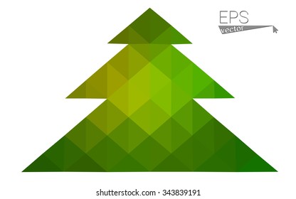 Green, yellow low poly style christmas tree vector illustration consisting of triangles. Abstract triangular poly origami or crystal design of New Years celebration. Isolated on white background