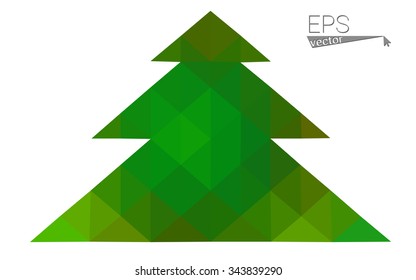 Green, yellow low poly style christmas tree vector illustration consisting of triangles. Abstract triangular poly origami or crystal design of New Years celebration. Isolated on white background