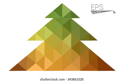 Green, yellow low poly style christmas tree vector illustration consisting of triangles. Abstract triangular poly origami or crystal design of New Years celebration. Isolated on white background