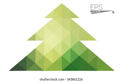 Green, yellow low poly style christmas tree vector illustration consisting of triangles. Abstract triangular poly origami or crystal design of New Years celebration. Isolated on white background