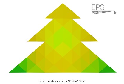 Green, yellow low poly style christmas tree vector illustration consisting of triangles. Abstract triangular poly origami or crystal design of New Years celebration. Isolated on white background