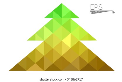 Green, yellow low poly style christmas tree vector illustration consisting of triangles. Abstract triangular poly origami or crystal design of New Years celebration. Isolated on white background
