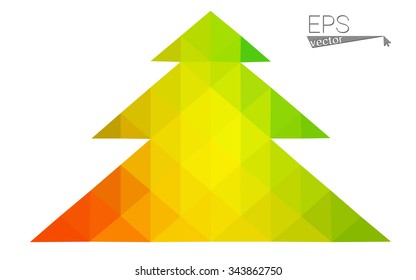 Green, yellow low poly style christmas tree vector illustration consisting of triangles. Abstract triangular poly origami or crystal design of New Years celebration. Isolated on white background