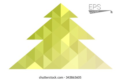 Green, yellow low poly style christmas tree vector illustration consisting of triangles. Abstract triangular poly origami or crystal design of New Years celebration. Isolated on white background
