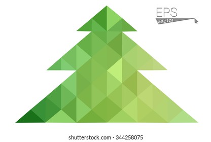 Green, yellow low poly style christmas tree vector illustration consisting of triangles. Abstract triangular poly origami or crystal design of New Years celebration. Isolated on white background
