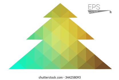 Green, yellow low poly style christmas tree vector illustration consisting of triangles. Abstract triangular poly origami or crystal design of New Years celebration. Isolated on white background