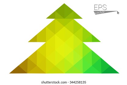 Green, yellow low poly style christmas tree vector illustration consisting of triangles. Abstract triangular poly origami or crystal design of New Years celebration. Isolated on white background