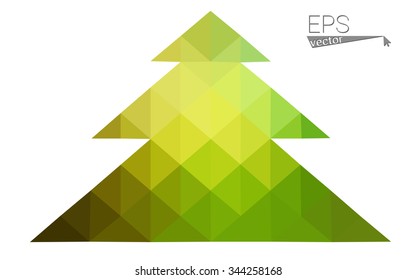 Green, yellow low poly style christmas tree vector illustration consisting of triangles. Abstract triangular poly origami or crystal design of New Years celebration. Isolated on white background