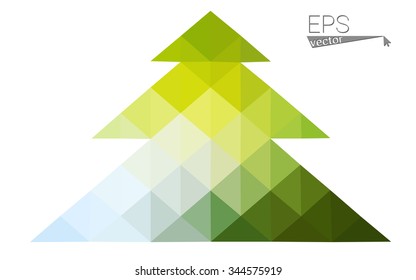 Green, yellow low poly style christmas tree vector illustration consisting of triangles. Abstract triangular poly origami or crystal design of New Years celebration. Isolated on white background