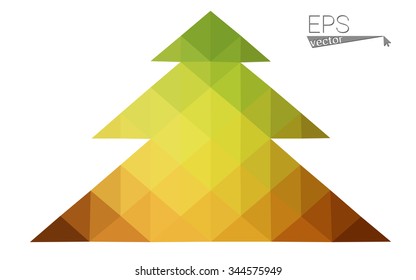Green, yellow low poly style christmas tree vector illustration consisting of triangles. Abstract triangular poly origami or crystal design of New Years celebration. Isolated on white background