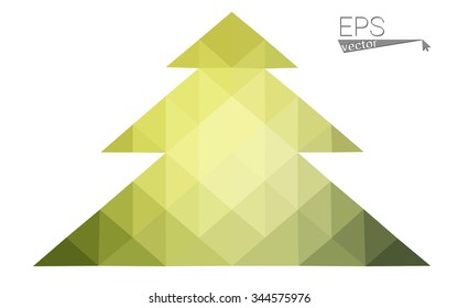 Green, yellow low poly style christmas tree vector illustration consisting of triangles. Abstract triangular poly origami or crystal design of New Years celebration. Isolated on white background