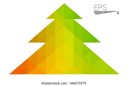 Green, yellow low poly style christmas tree vector illustration consisting of triangles. Abstract triangular poly origami or crystal design of New Years celebration. Isolated on white background