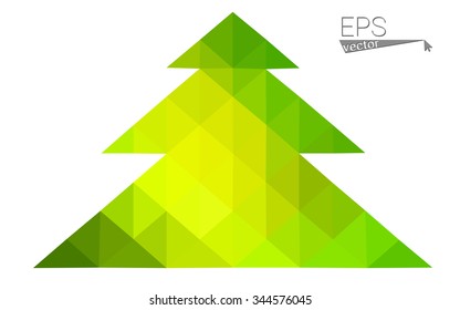 Green, yellow low poly style christmas tree vector illustration consisting of triangles. Abstract triangular poly origami or crystal design of New Years celebration. Isolated on white background