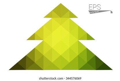 Green, yellow low poly style christmas tree vector illustration consisting of triangles. Abstract triangular poly origami or crystal design of New Years celebration. Isolated on white background