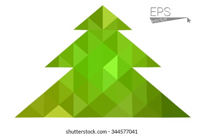 Green, yellow low poly style christmas tree vector illustration consisting of triangles. Abstract triangular poly origami or crystal design of New Years celebration. Isolated on white background