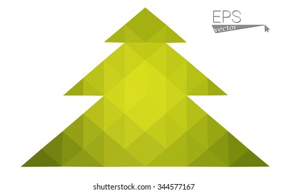 Green, yellow low poly style christmas tree vector illustration consisting of triangles. Abstract triangular poly origami or crystal design of New Years celebration. Isolated on white background