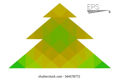 Green, yellow low poly style christmas tree vector illustration consisting of triangles. Abstract triangular poly origami or crystal design of New Years celebration. Isolated on white background