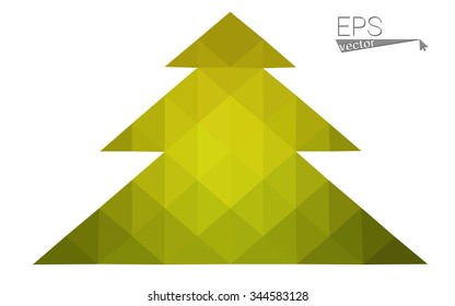Green, yellow low poly style christmas tree vector illustration consisting of triangles. Abstract triangular poly origami or crystal design of New Years celebration. Isolated on white background
