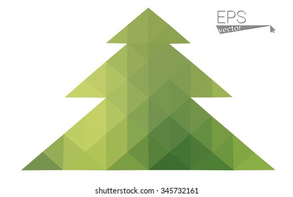Green, yellow low poly style christmas tree vector illustration consisting of triangles. Abstract triangular poly origami or crystal design of New Years celebration. Isolated on white background