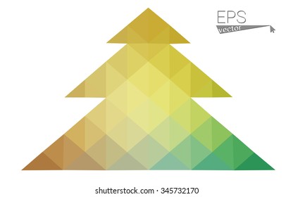Green, yellow low poly style christmas tree vector illustration consisting of triangles. Abstract triangular poly origami or crystal design of New Years celebration. Isolated on white background
