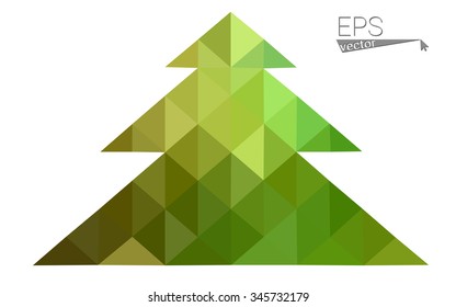 Green, yellow low poly style christmas tree vector illustration consisting of triangles. Abstract triangular poly origami or crystal design of New Years celebration. Isolated on white background