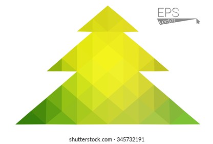 Green, yellow low poly style christmas tree vector illustration consisting of triangles. Abstract triangular poly origami or crystal design of New Years celebration. Isolated on white background