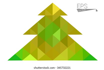 Green, yellow low poly style christmas tree vector illustration consisting of triangles. Abstract triangular poly origami or crystal design of New Years celebration. Isolated on white background