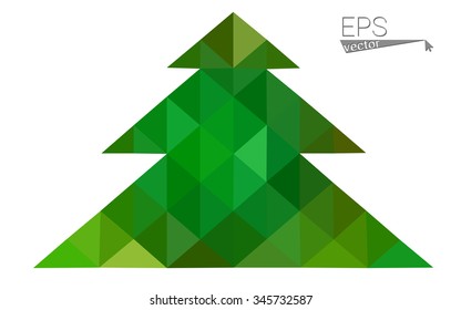 Green, yellow low poly style christmas tree vector illustration consisting of triangles. Abstract triangular poly origami or crystal design of New Years celebration. Isolated on white background